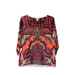 Chico’s Multicolor Jeweled Ruched Tie Sleeve Blouse Women’s Size 1 or Medium 8